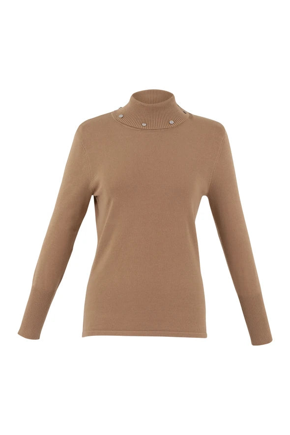 6316-Polo Neck Jumper w/ button detail- Light Tobacco- Marble