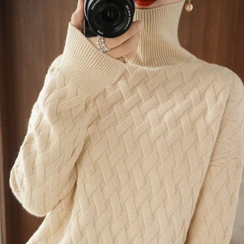 Ashore Shop Autumn and winter turtleneck cashmere sweater woman  new style languid breeze loose thick pullover underlay 100% woo