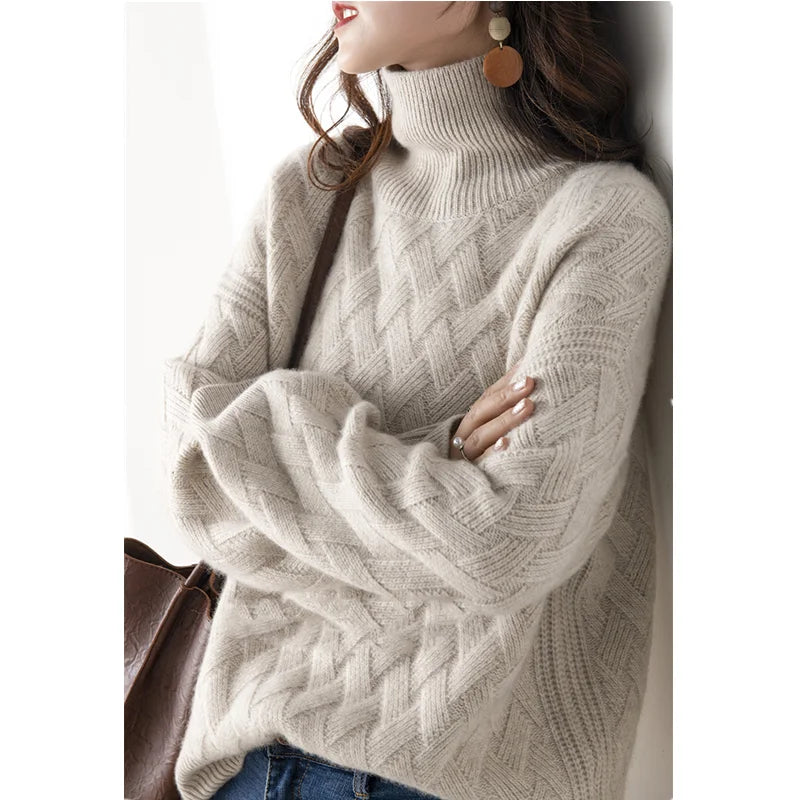 Ashore Shop Autumn and winter turtleneck cashmere sweater woman  new style languid breeze loose thick pullover underlay 100% woo