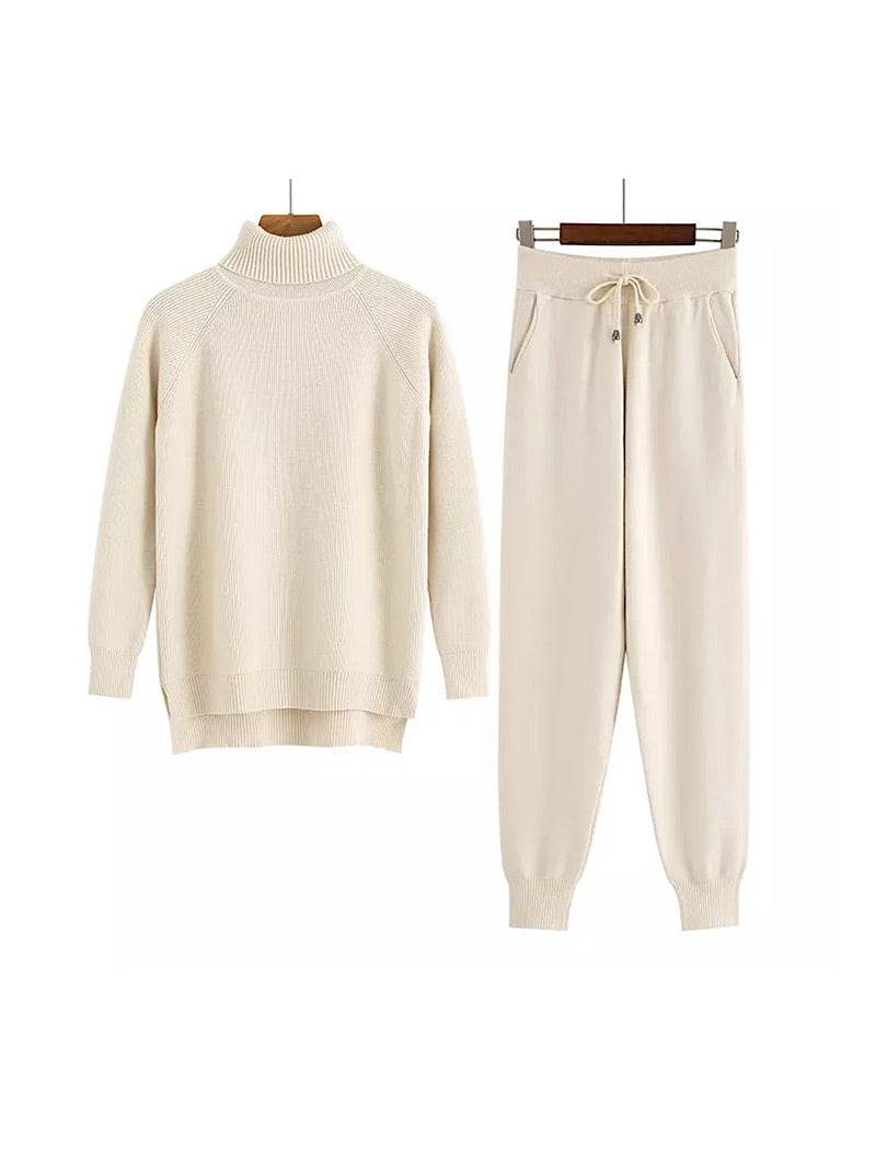 Beige Turtleneck Ribbed Long Sleeve Top and Jogging Pant Coord Set