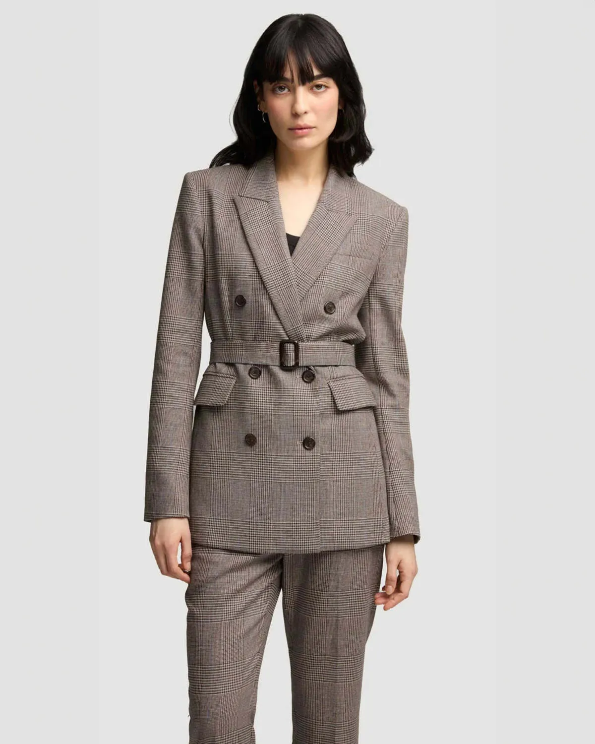 Belted Double-Breasted Blazer - Houndstooth