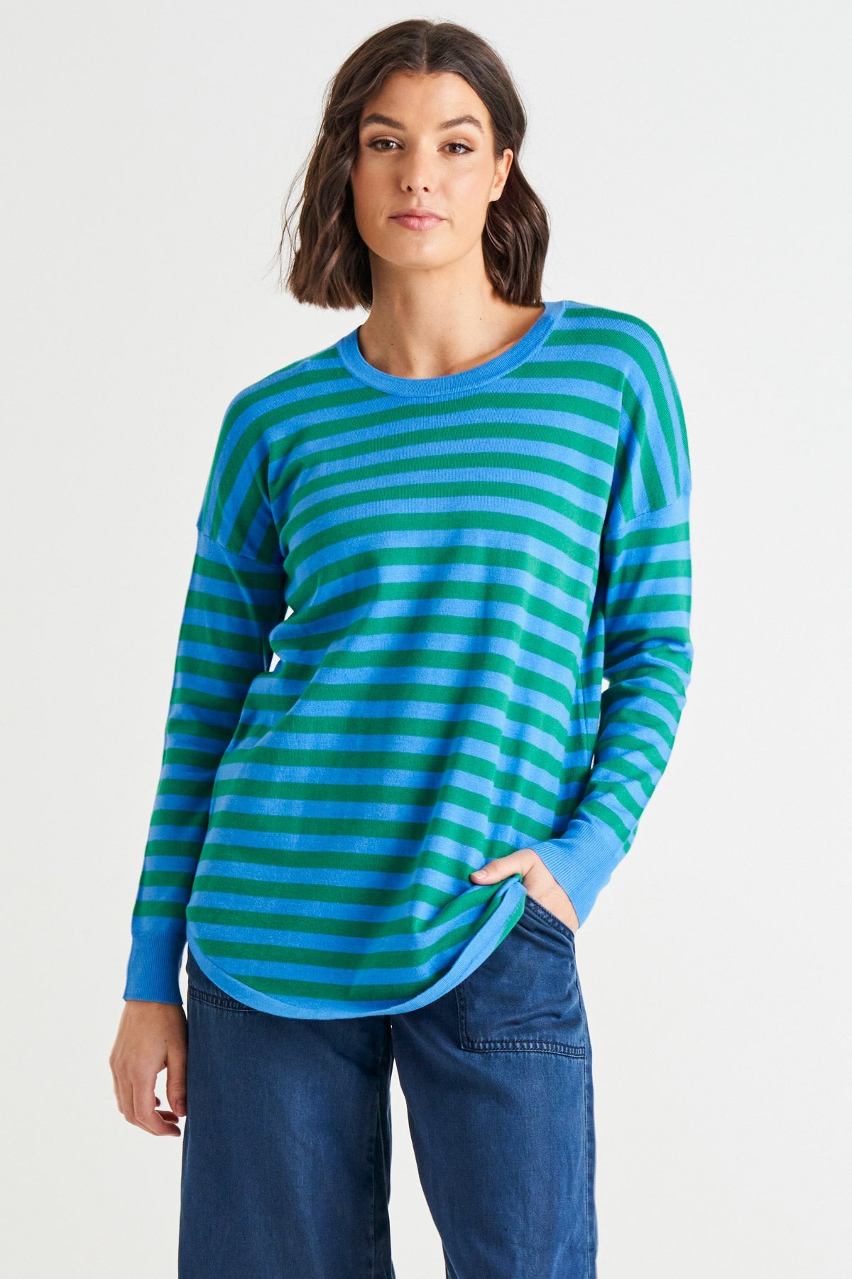 Betty Basics Sophie Knit Jumper - Green/Blue Stripe