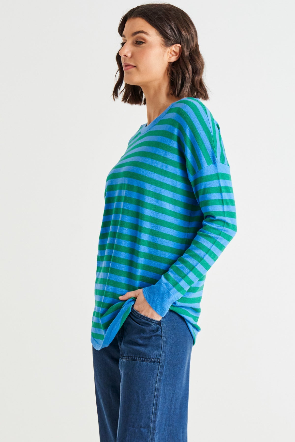 Betty Basics Sophie Knit Jumper - Green/Blue Stripe