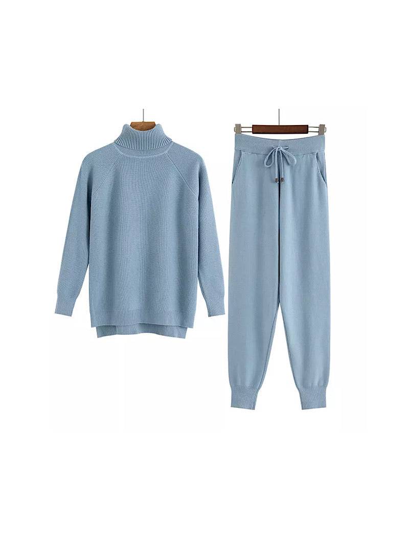 Blue Turtleneck Ribbed Long Sleeve Top and Jogging Pant Coord Set