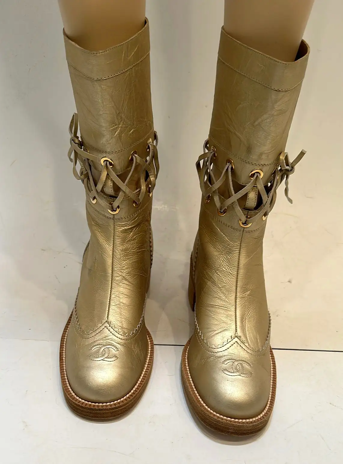 Chanel 16A Runway Gold Metallic Biker Boots EU 39.5 US 9/9.5