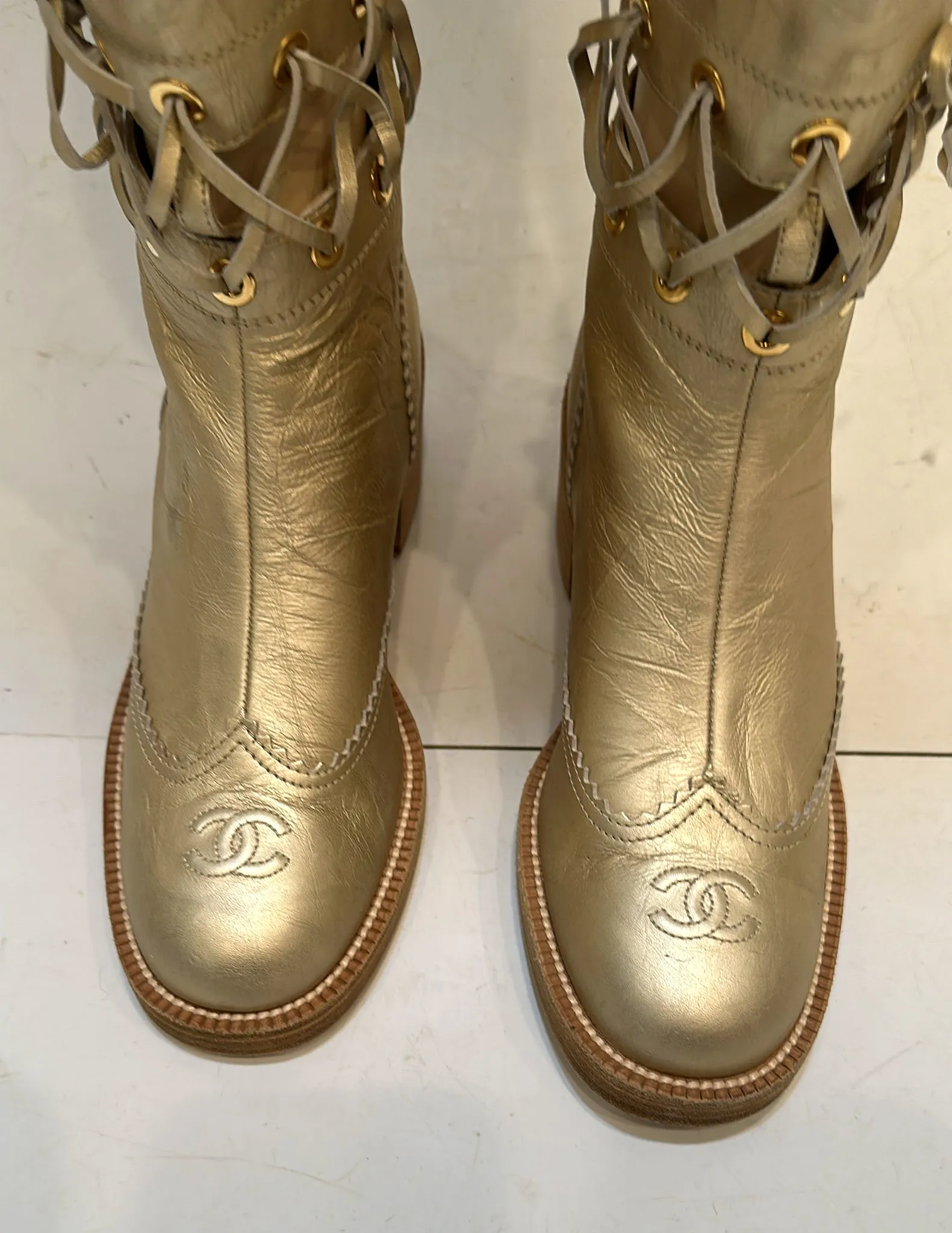 Chanel 16A Runway Gold Metallic Biker Boots EU 39.5 US 9/9.5