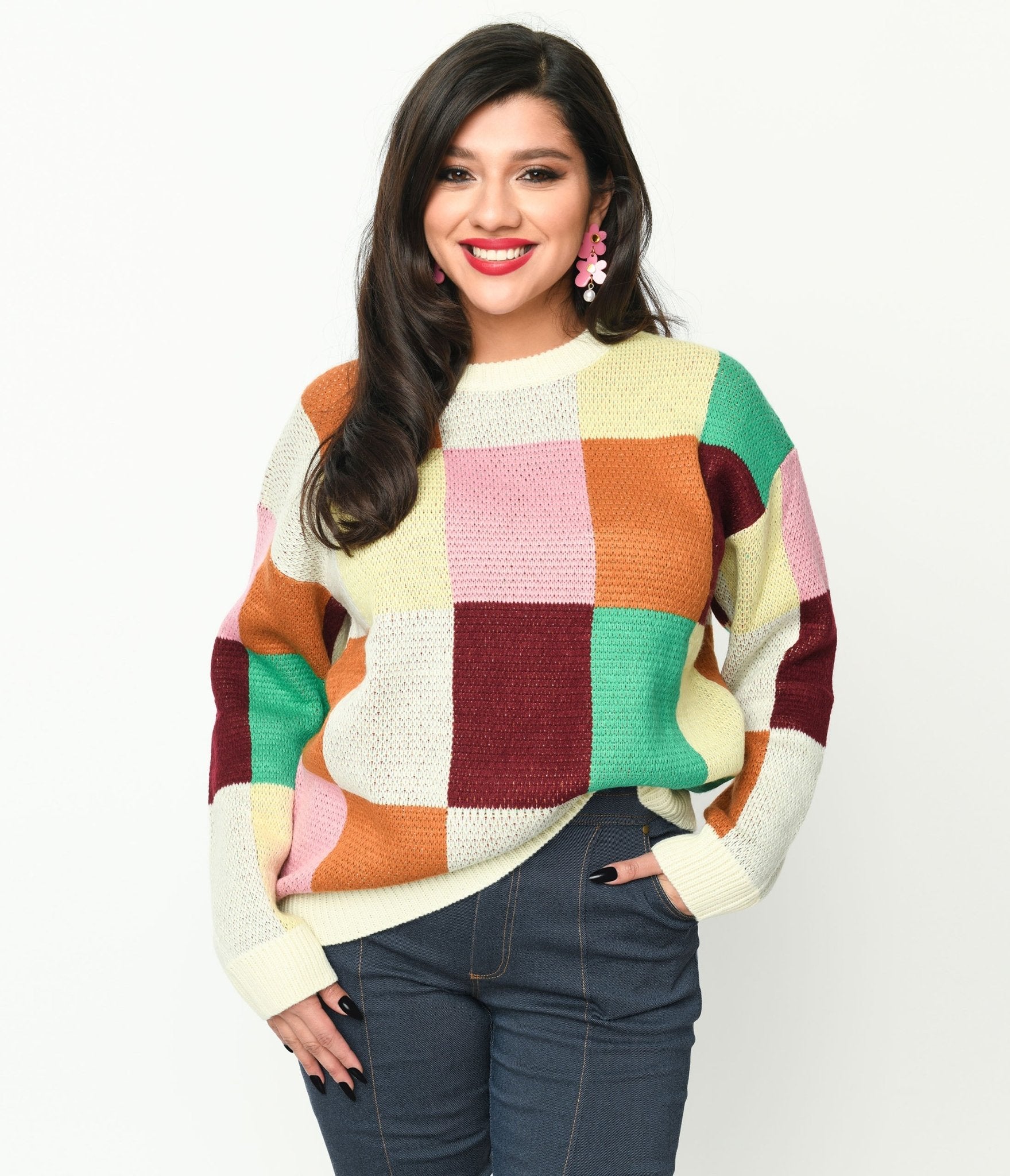 Cream & Multicolor Color Block Checker Sweater