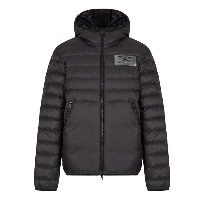 DOWN JACKET WITH CAP AND LOGO Man Black