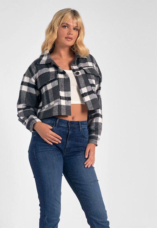 Elan - Plaid Crop Jacket Button Detail Black Plaid