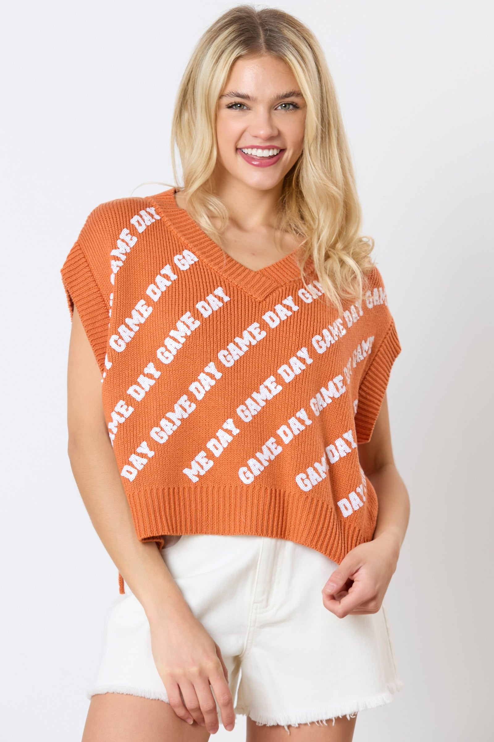 Game Day Sequins Embroidery V-Neck Sweater Vest