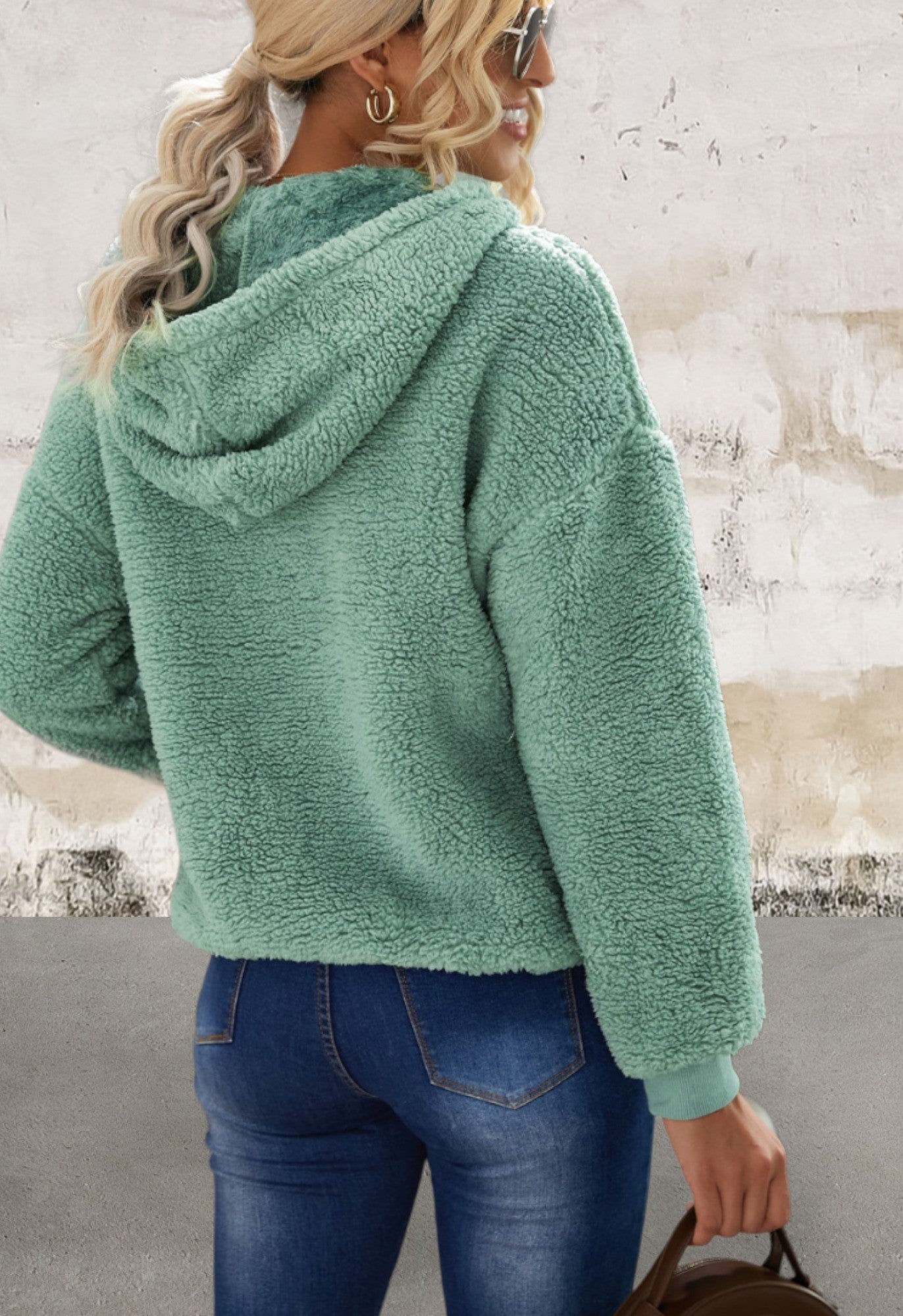 Green Long Sleeve Sherpa Hoodie with Kangaroo Pockets