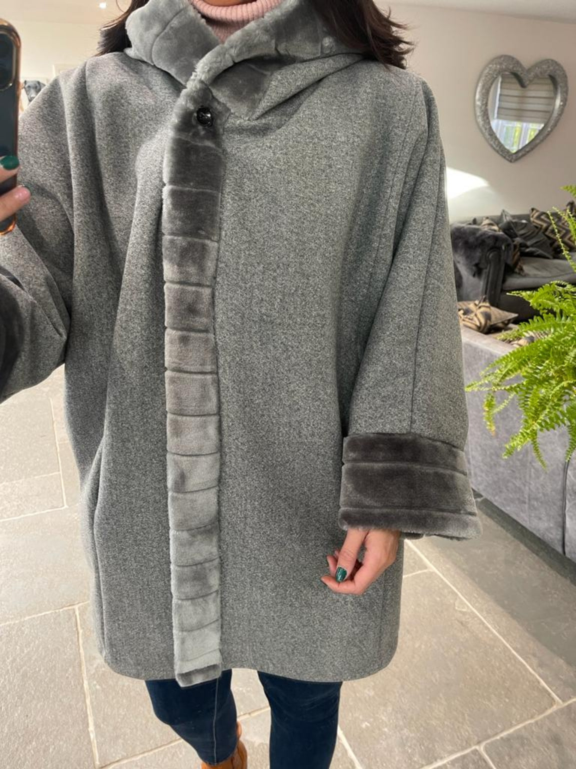 Hooded Faux Fur Detail Button Coat