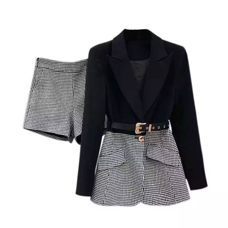 Houndstooth Belted Jacket and Wide Leg Shorts Two Piece Set