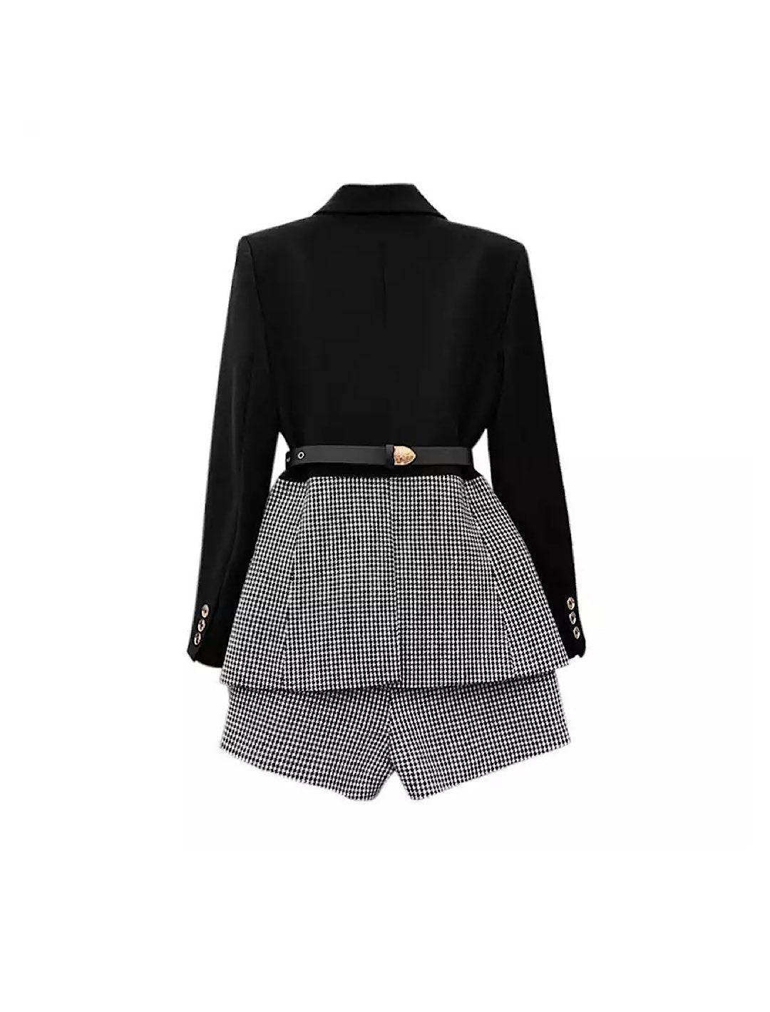 Houndstooth Belted Jacket and Wide Leg Shorts Two Piece Set