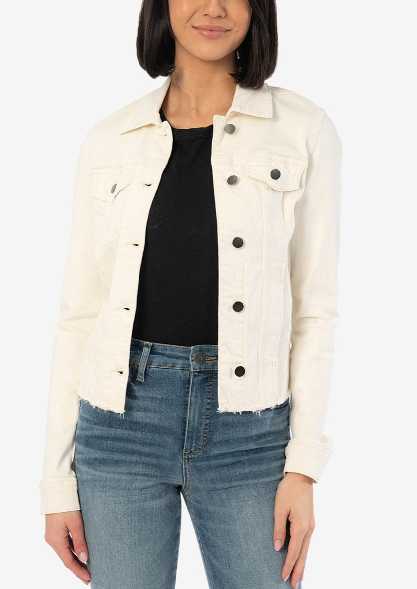 KUT Julia Crop Frayed Hem Ecru Denim Jacket