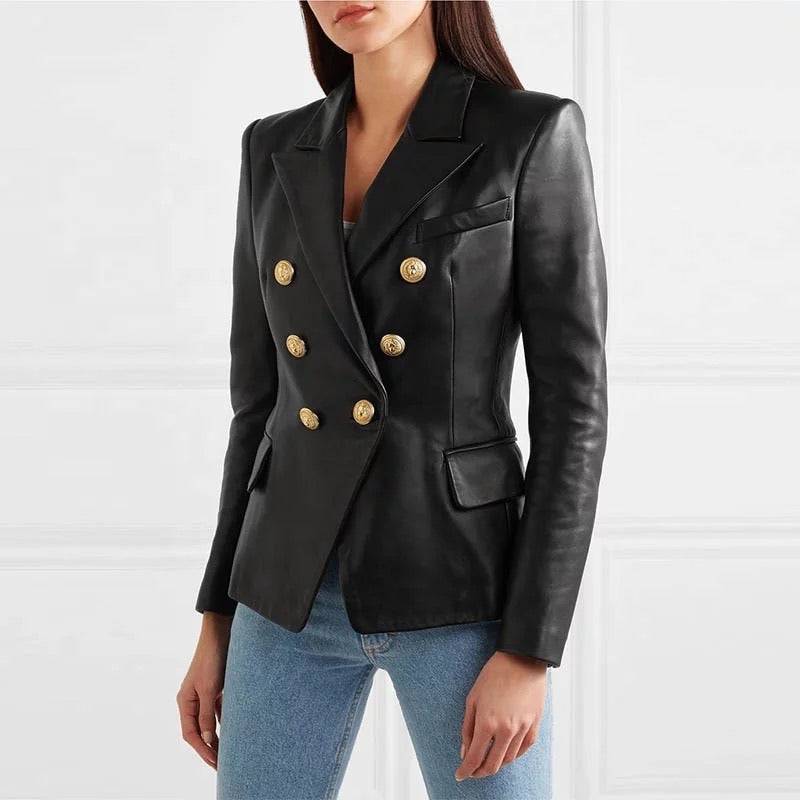 Lambskin Leather Gold Trimmed Blazer Jacket