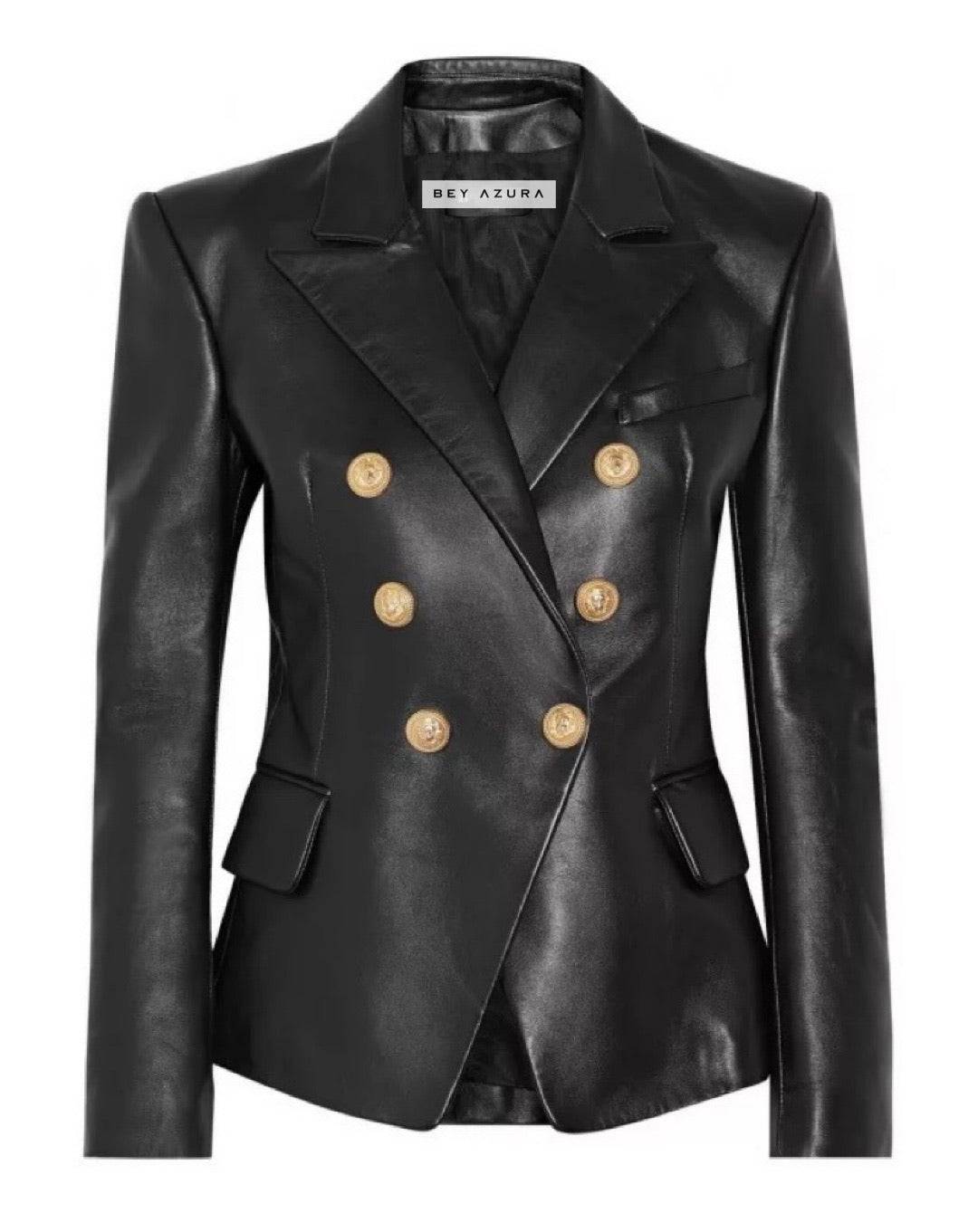 Lambskin Leather Gold Trimmed Blazer Jacket