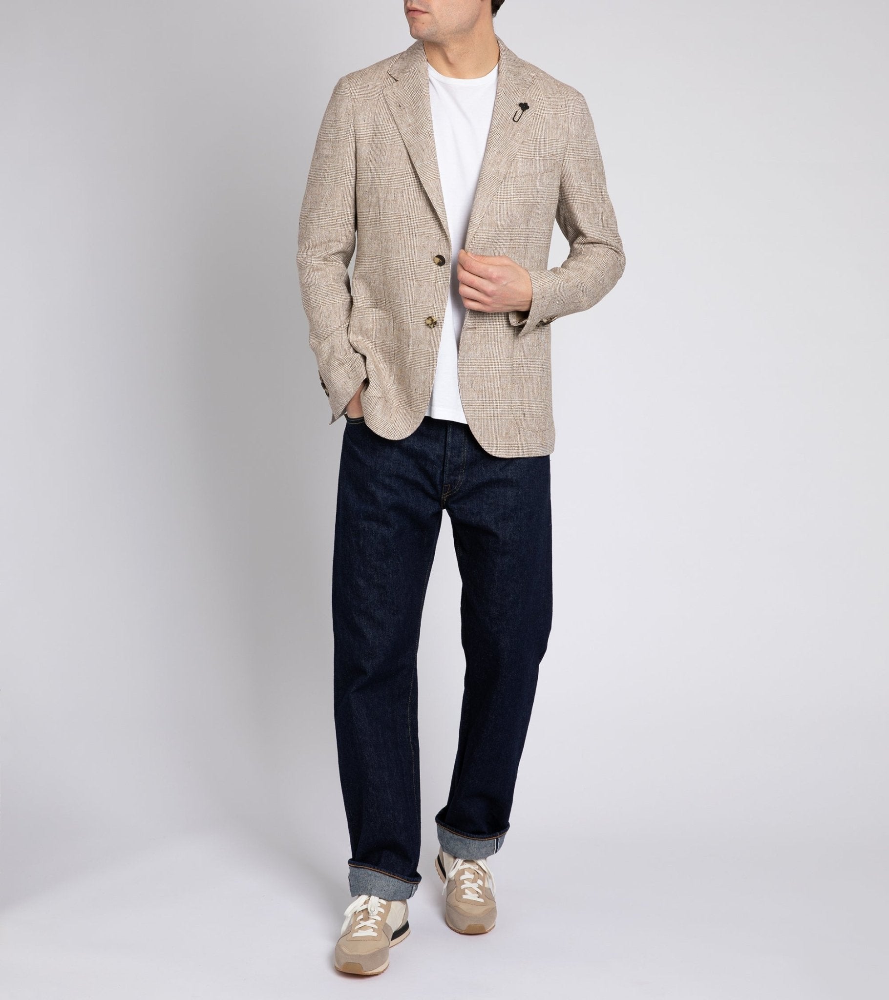 Lardini Linen Blend Prince of Wales Check Jacket: Tan