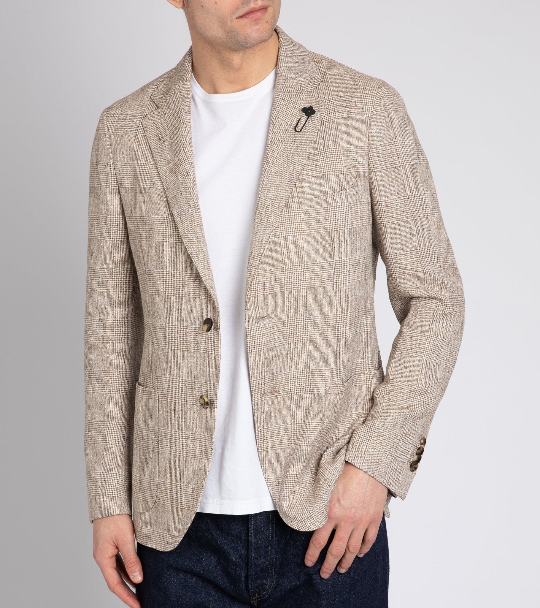 Lardini Linen Blend Prince of Wales Check Jacket: Tan