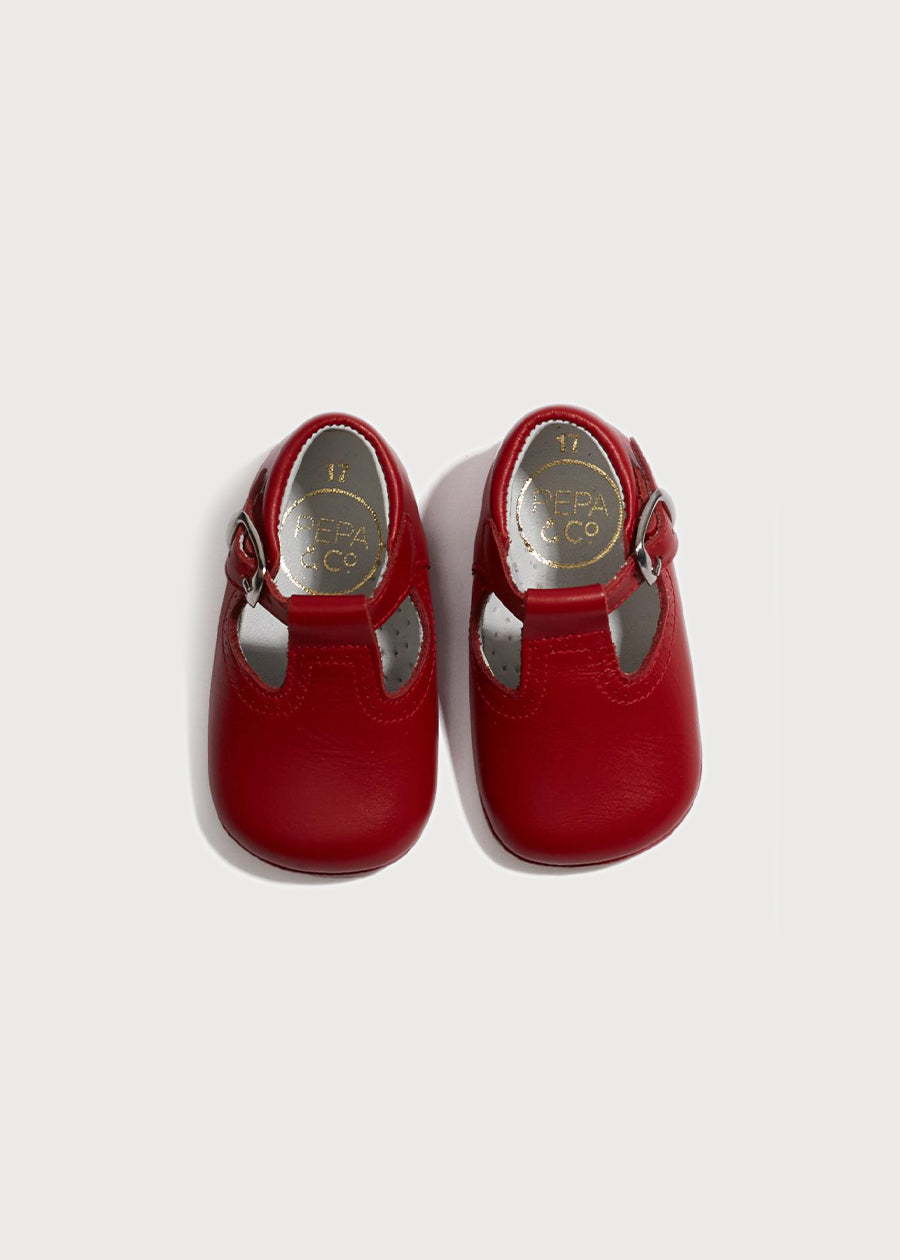 Leather T-bar Baby Pram Shoes Red (17-20EU)