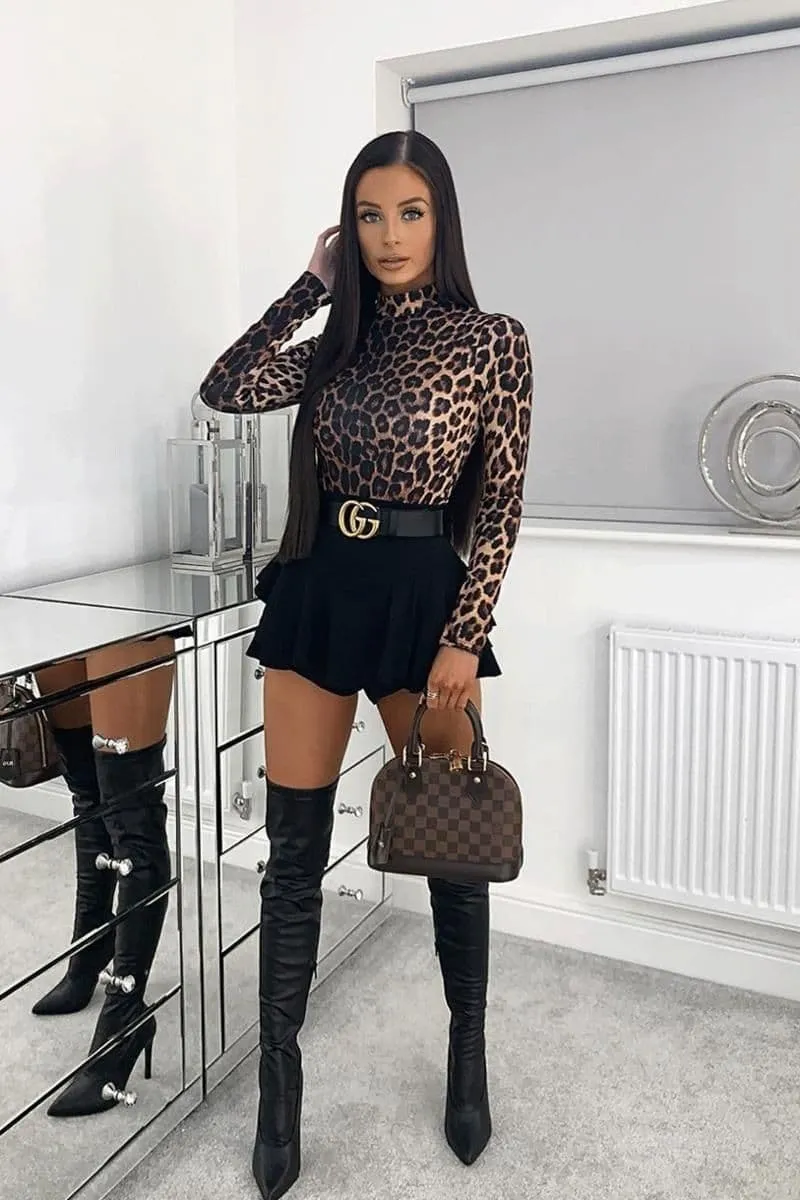 Leopard Print High Neck Long Sleeve Bodysuit