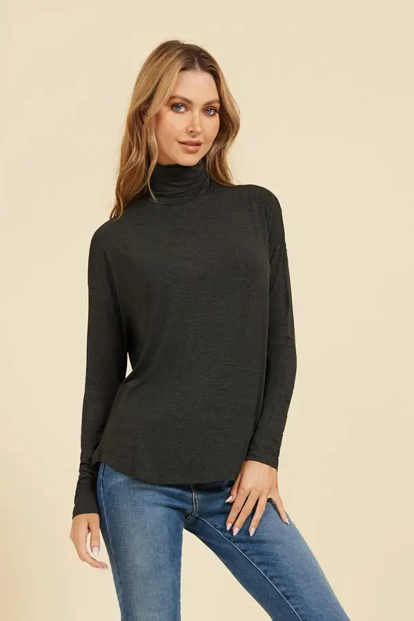 Majestic Soft Touch Semi-Relaxed Long Sleeve Drop Shoulder Turtleneck in Anthracite