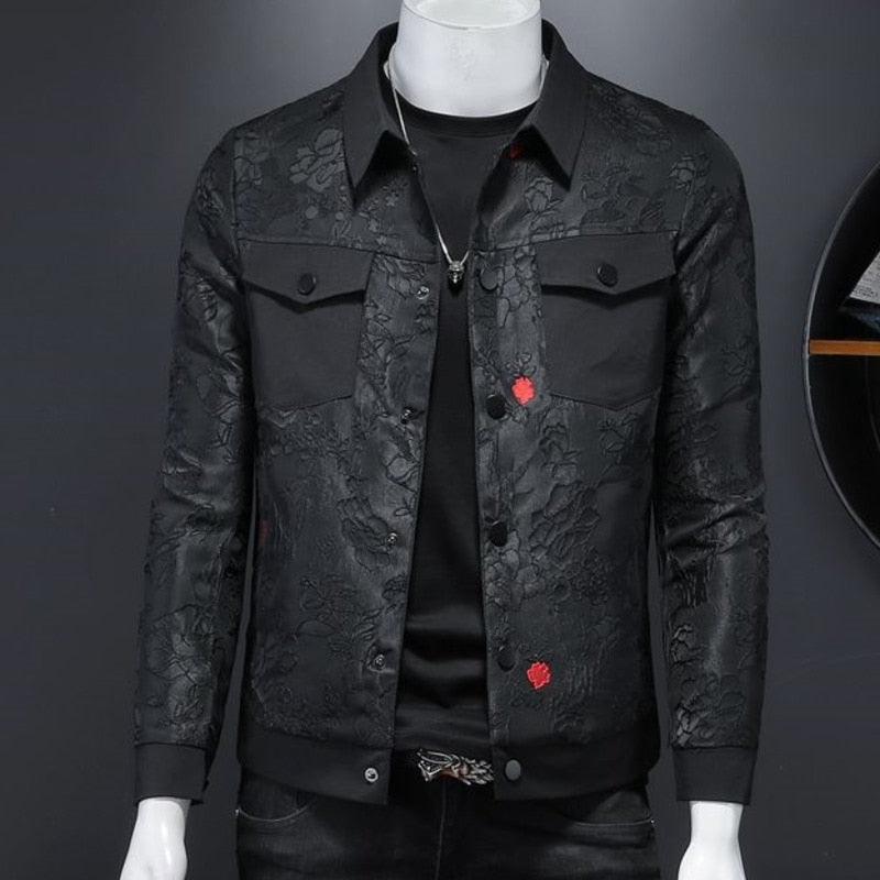 Men's Autumn Casual Black Flower Print Slim Fit Bomber Jackets