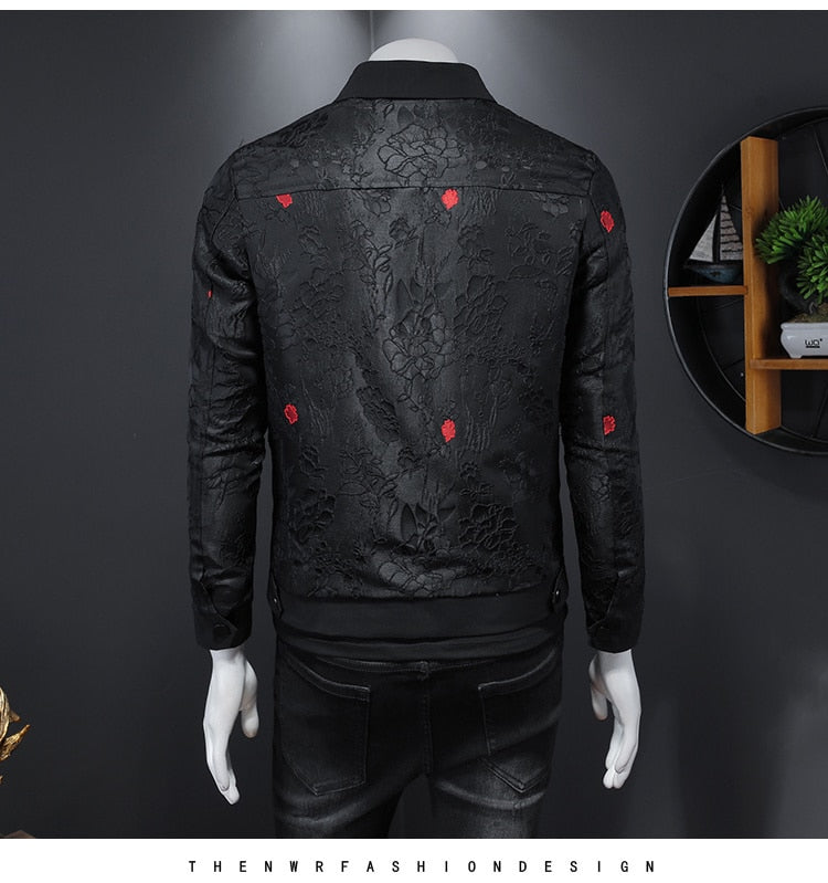 Men's Autumn Casual Black Flower Print Slim Fit Bomber Jackets