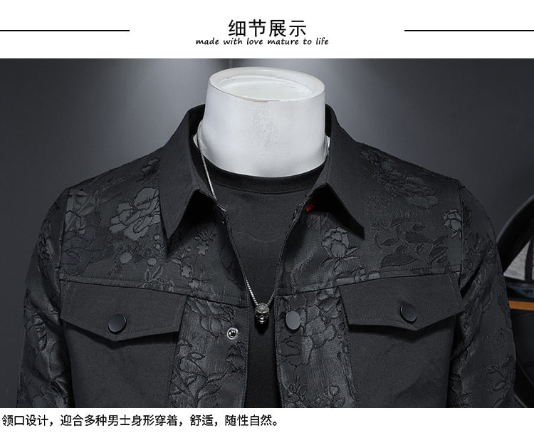 Men's Autumn Casual Black Flower Print Slim Fit Bomber Jackets