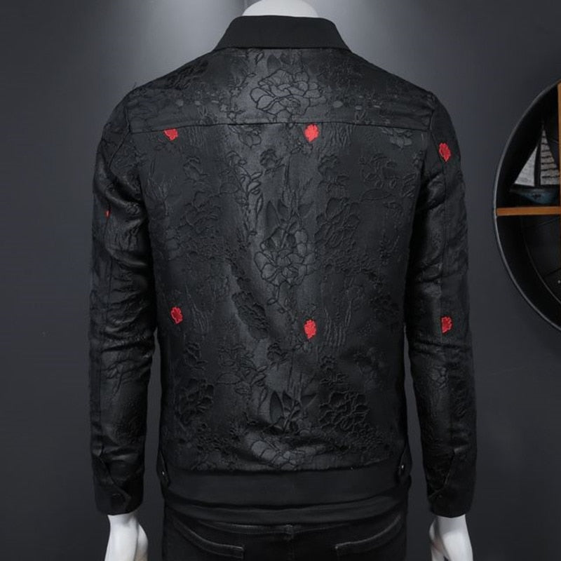 Men's Autumn Casual Black Flower Print Slim Fit Bomber Jackets