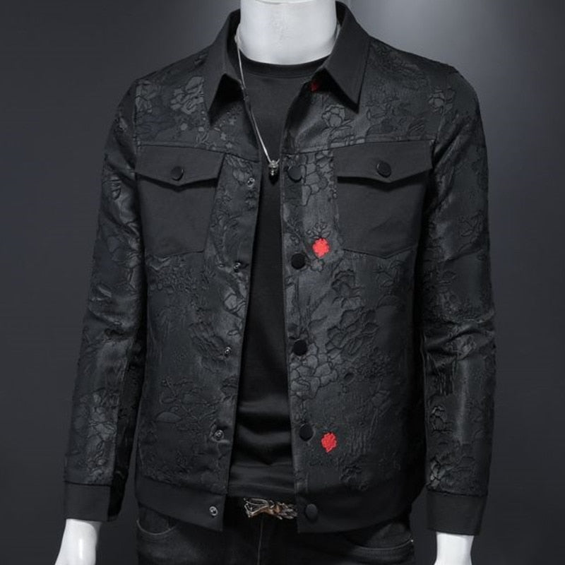 Men's Autumn Casual Black Flower Print Slim Fit Bomber Jackets