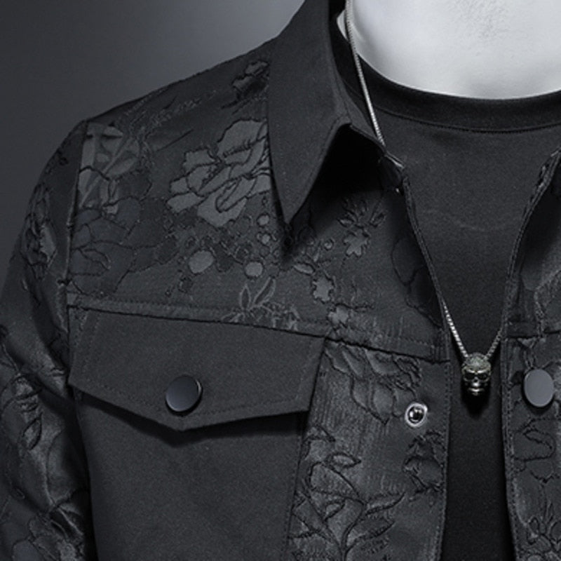 Men's Autumn Casual Black Flower Print Slim Fit Bomber Jackets