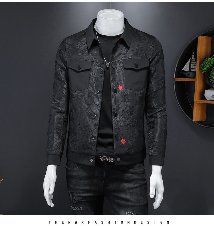 Men's Autumn Casual Black Flower Print Slim Fit Bomber Jackets