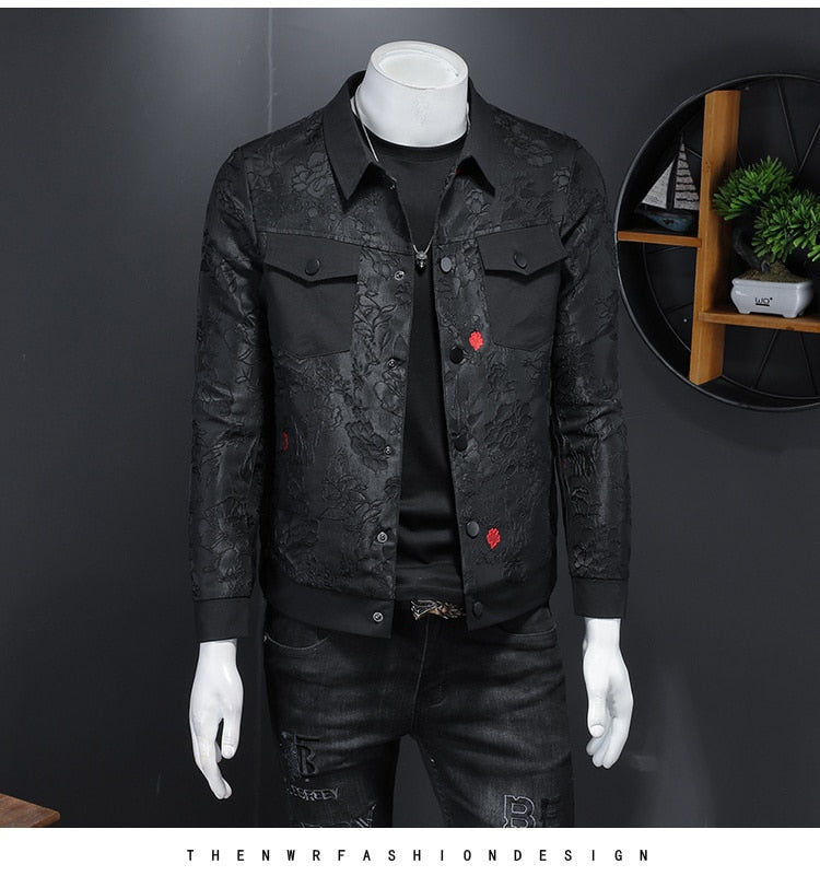 Men's Autumn Casual Black Flower Print Slim Fit Bomber Jackets