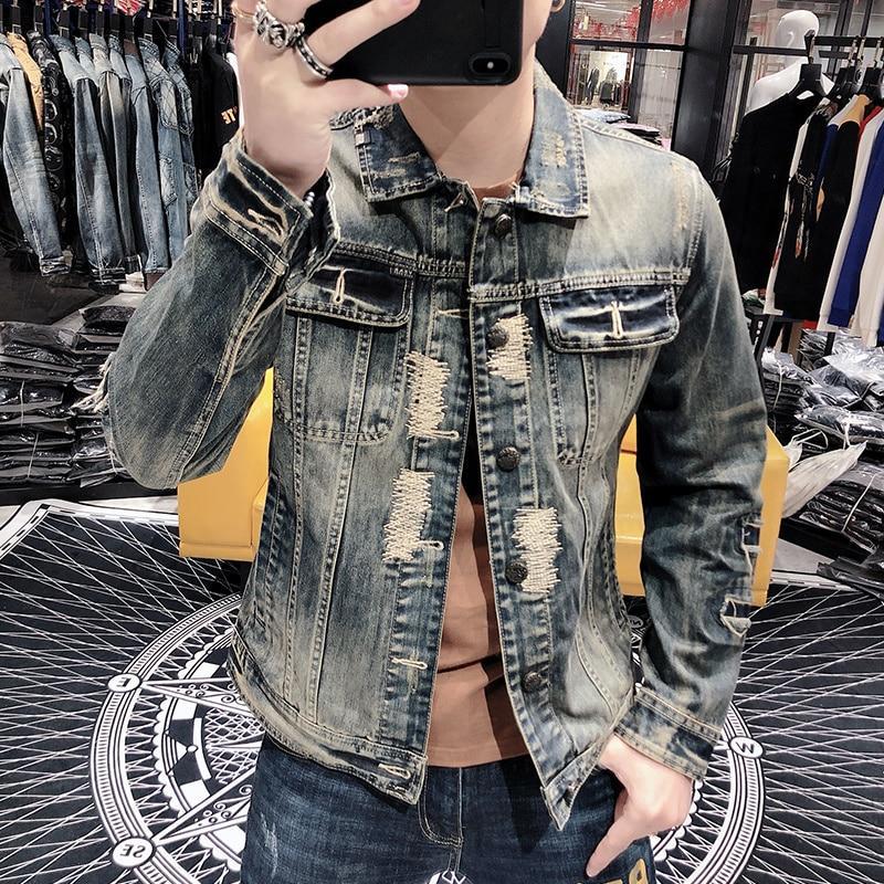 Men's Luxury Slim Fit Streetwear Ripped Denim Punk Jacket for Autumn