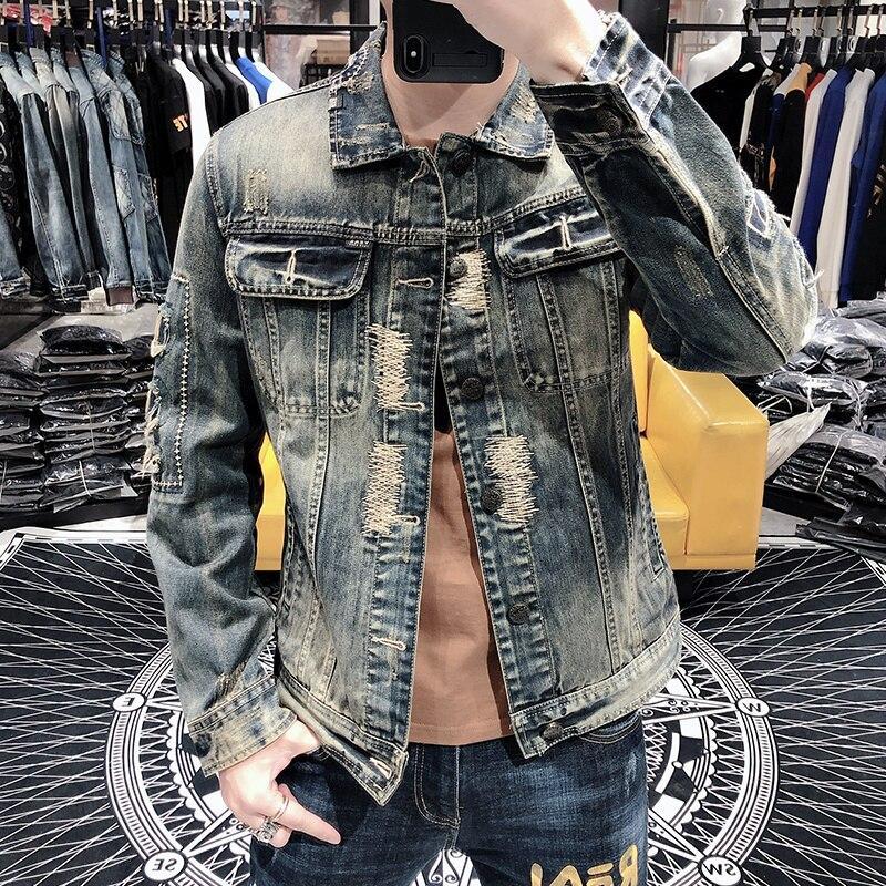 Men's Luxury Slim Fit Streetwear Ripped Denim Punk Jacket for Autumn