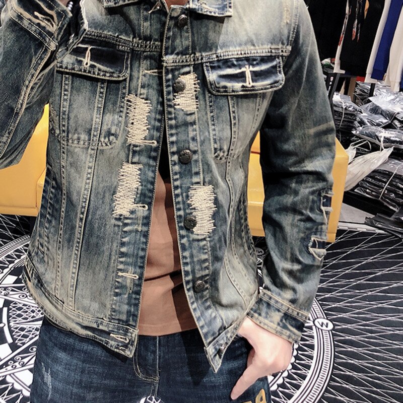 Men's Luxury Slim Fit Streetwear Ripped Denim Punk Jacket for Autumn