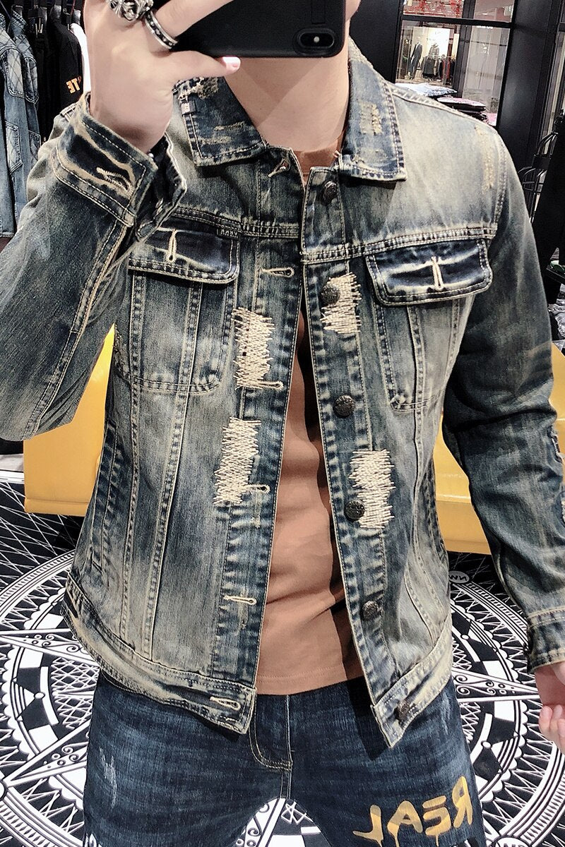 Men's Luxury Slim Fit Streetwear Ripped Denim Punk Jacket for Autumn