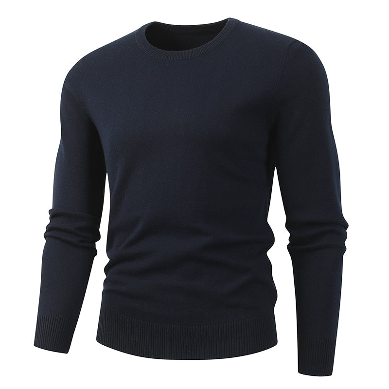 Men's Winter Flat Knitted O Neck-navy Cotton Jersey Sweatshirt Pullover