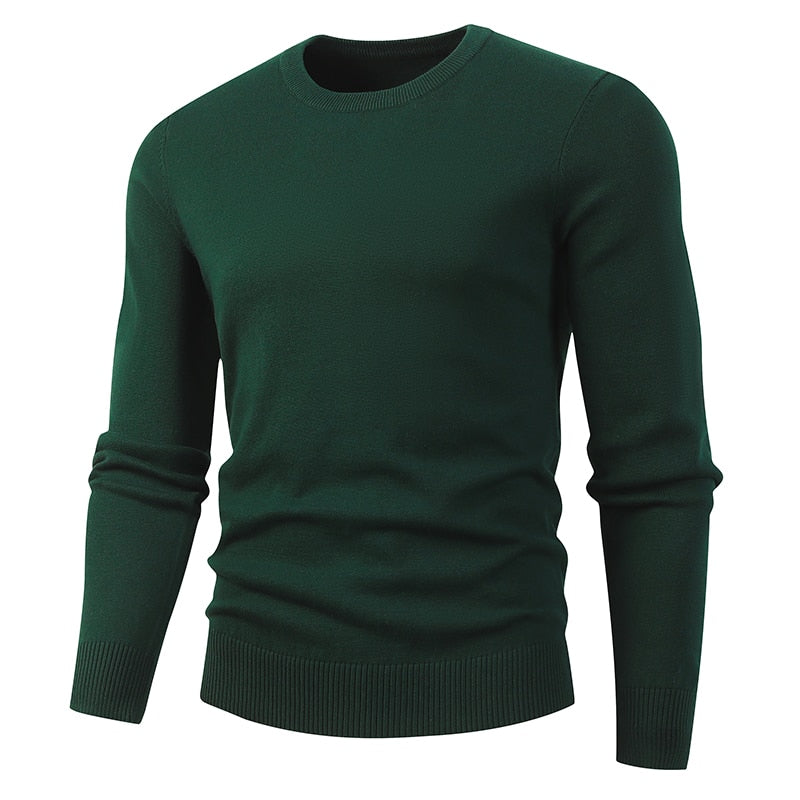 Men's Winter Thick Cotton O Neck Dark Green Color Pullover Sweater