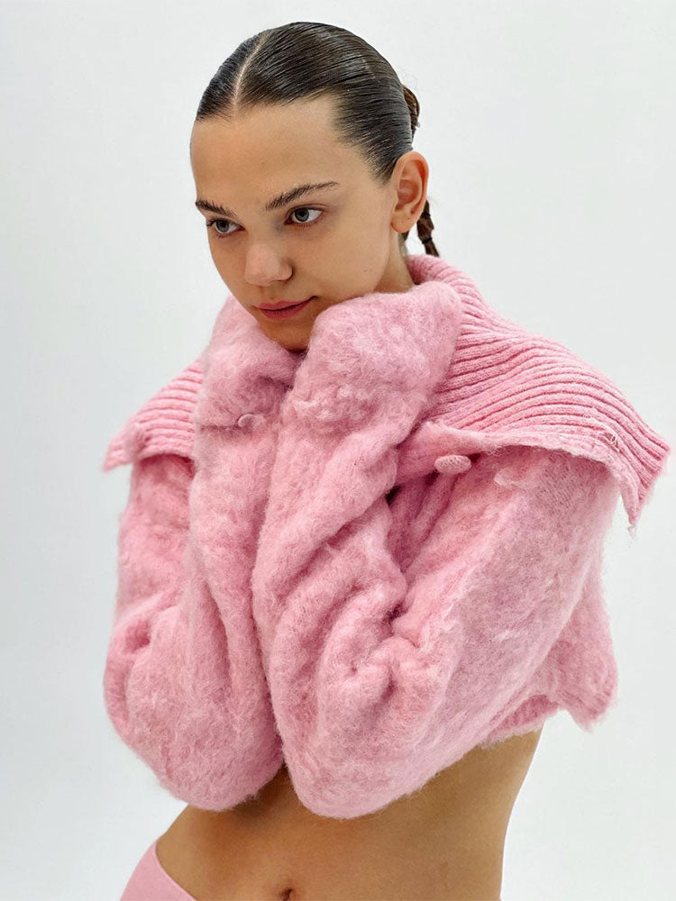 Mohair Sweaters Pink Hairy Cropped Coat Roll Neck Turtleneck Single Breasted Cardigans