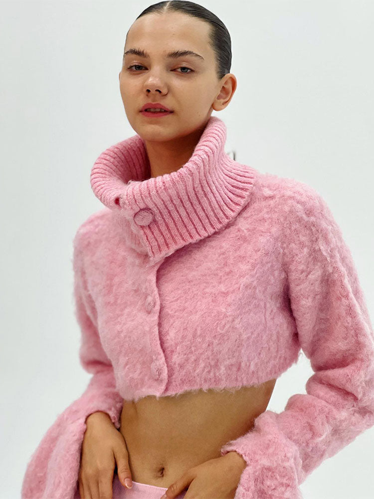 Mohair Sweaters Pink Hairy Cropped Coat Roll Neck Turtleneck Single Breasted Cardigans