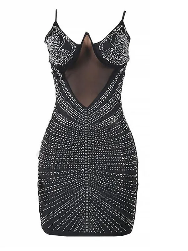 Momnfancy Black Rhinestone Grenadine Spaghetti Strap Corset Bodycon Prom Baby Shower Party Maternity Mini Dress