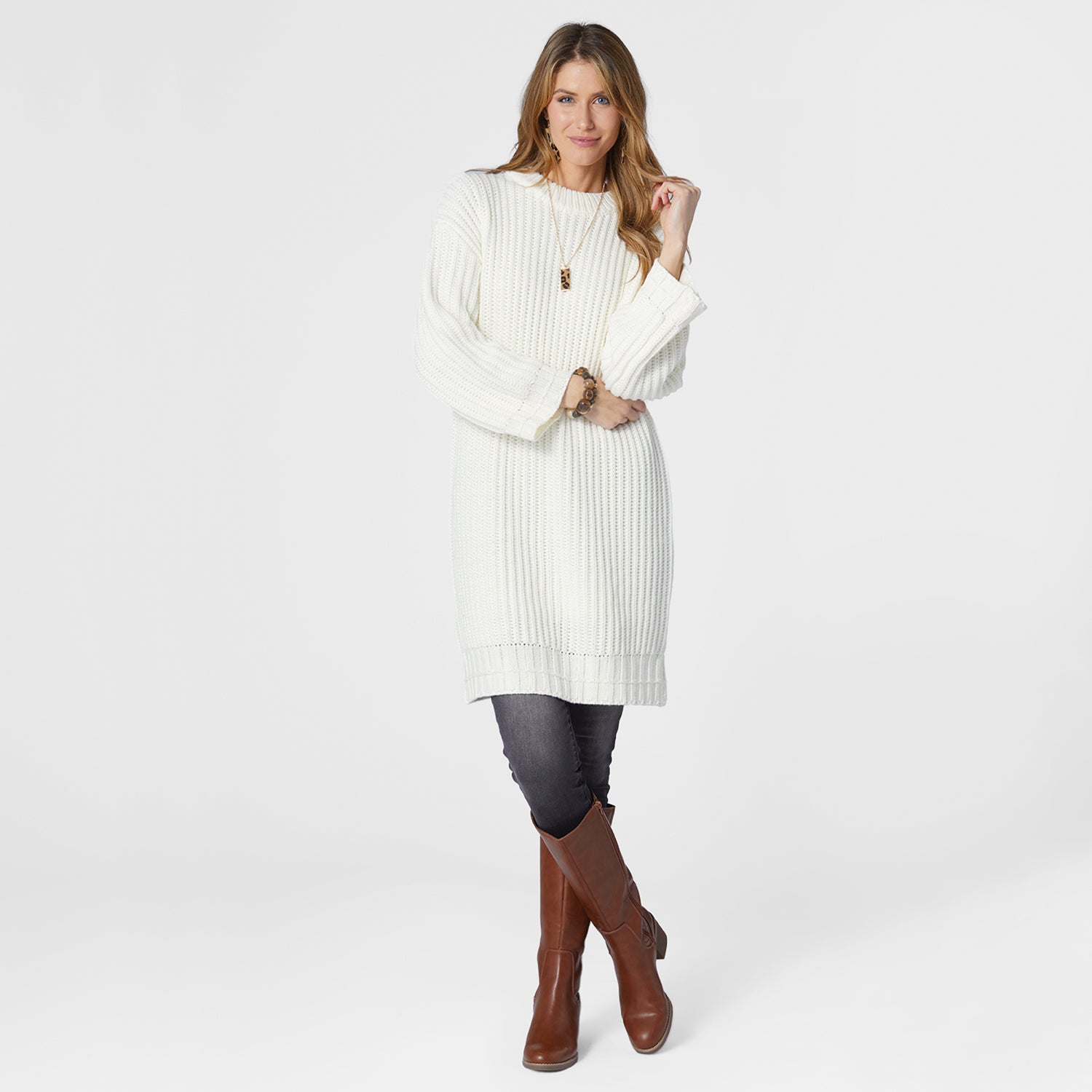 Monica Long Chunky Sweater Dress- Cream