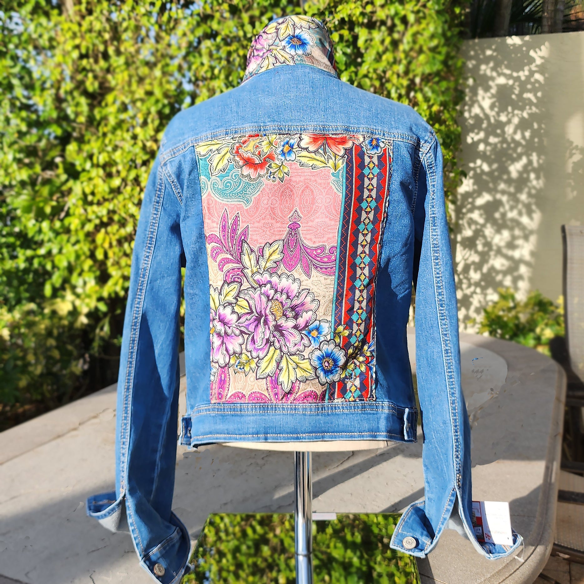 New Handmade Denim Jacket Silk Floral Scarf Johnny Was Design for Woman