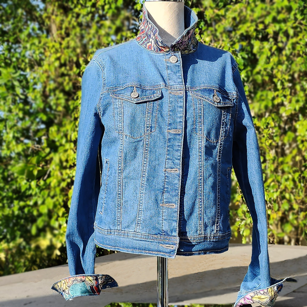 New Handmade Denim Jacket Silk Floral Scarf Johnny Was Design for Woman