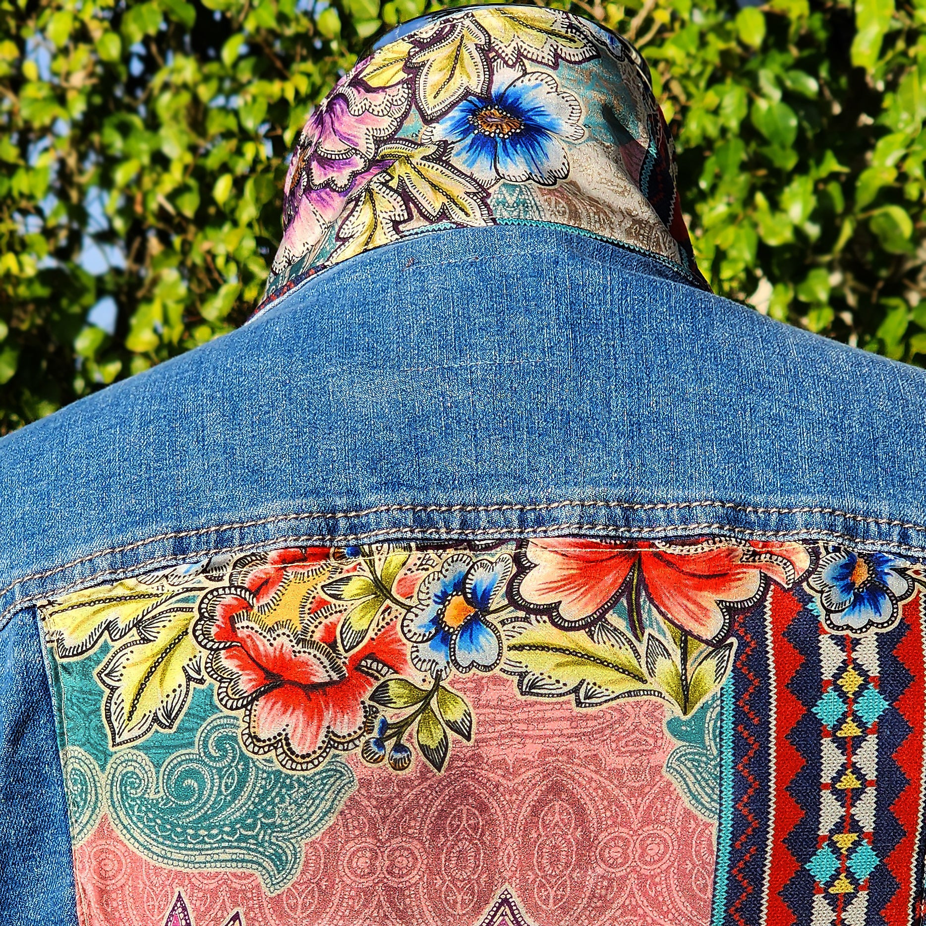 New Handmade Denim Jacket Silk Floral Scarf Johnny Was Design for Woman