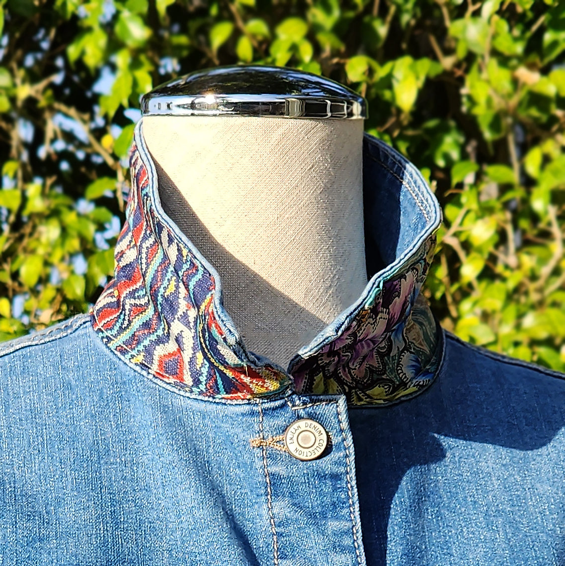 New Handmade Denim Jacket Silk Floral Scarf Johnny Was Design for Woman