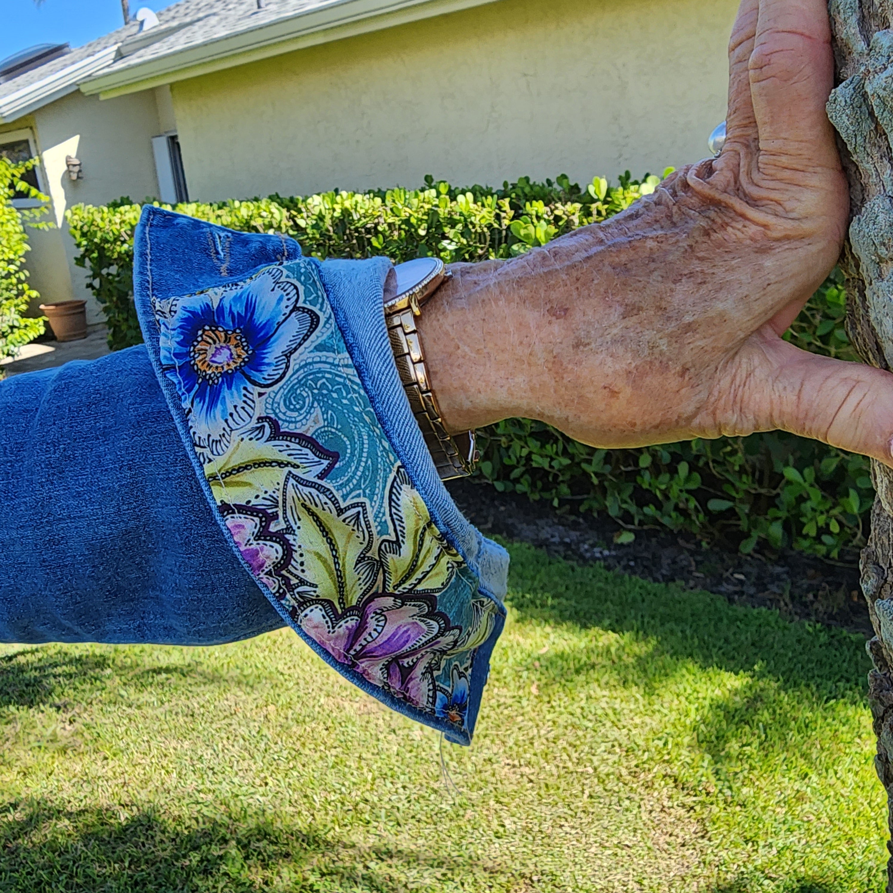 New Handmade Denim Jacket Silk Floral Scarf Johnny Was Design for Woman