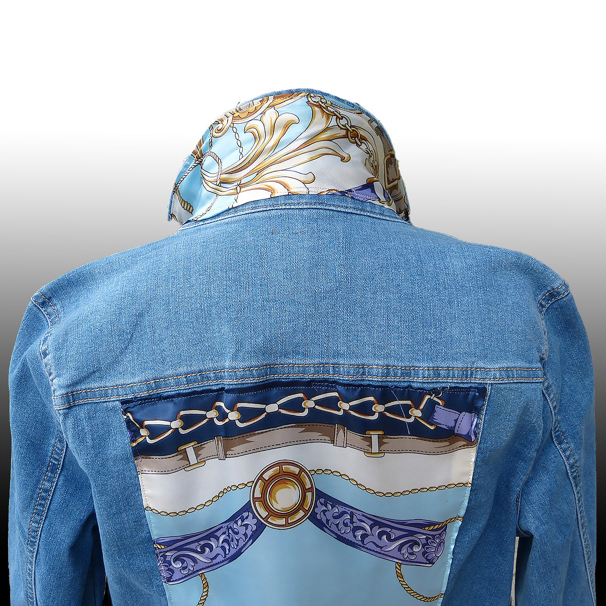 New Handmade Inspired Denim Jacket Silk Scarf Horse Design Equestrian